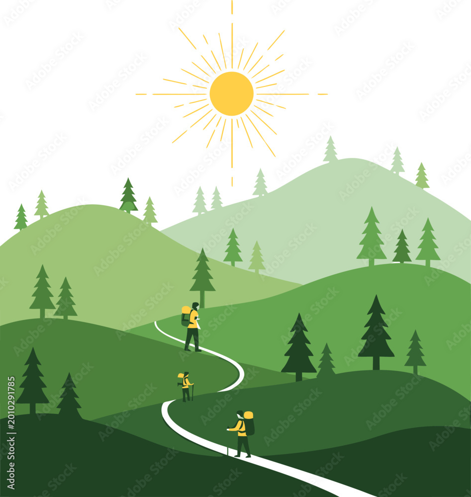Obraz premium People with backpacks hiking on a winding path through green hills and pine trees under a bright sun