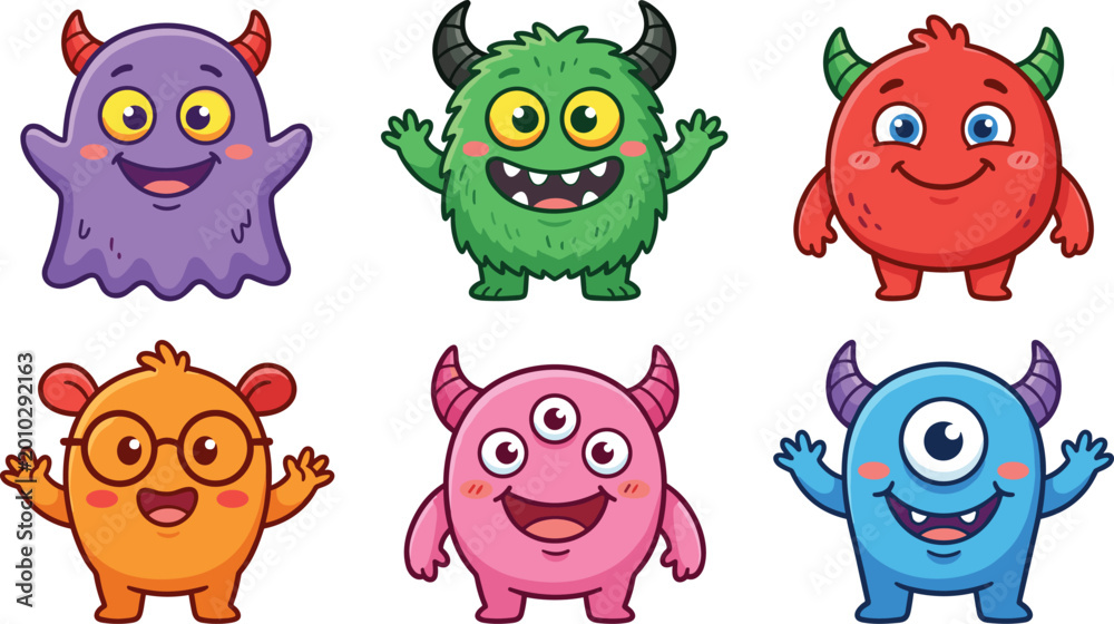 Fototapeta premium Cute and Friendly Cartoon Monster Mascot Character Set Featuring Colorful Hairy Purple Green Red Pink Orange and Blue Mythical Creatures for Kids Designs