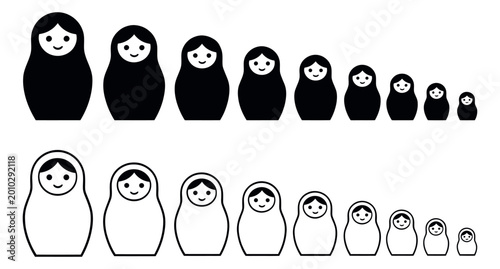 Minimalist black and white matryoshka doll set featuring smiling faces in solid and outline versions for cultural and children's designs