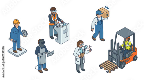 Obraz na plátně Isometric illustration of diverse industrial workers depicting various blue-coll