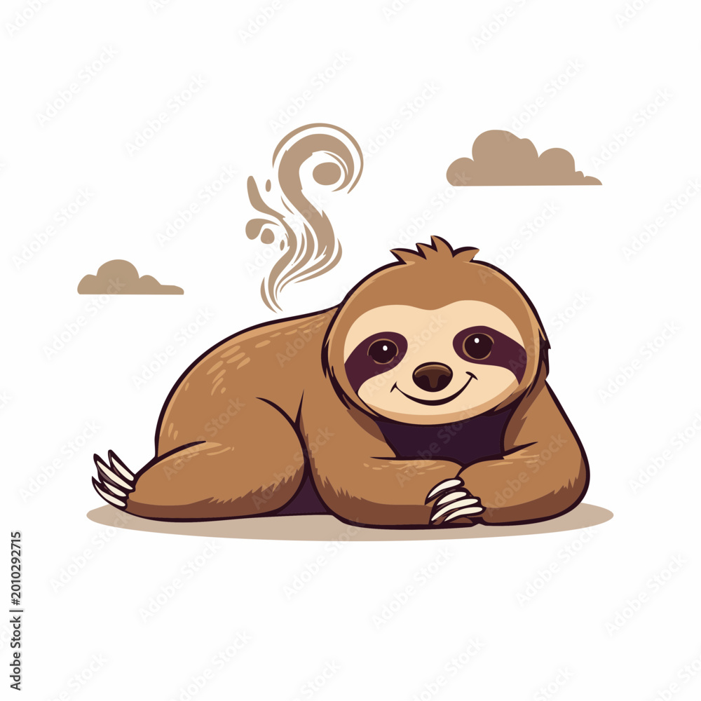 Fototapeta premium Cute Cartoon Sloth Relaxing with Swirls and Clouds