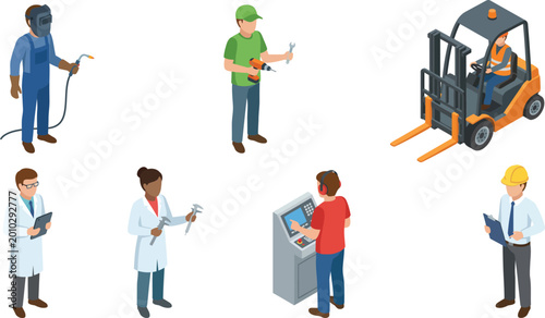 Quadro su tela Isometric vector illustration of diverse industrial workers and skilled professi
