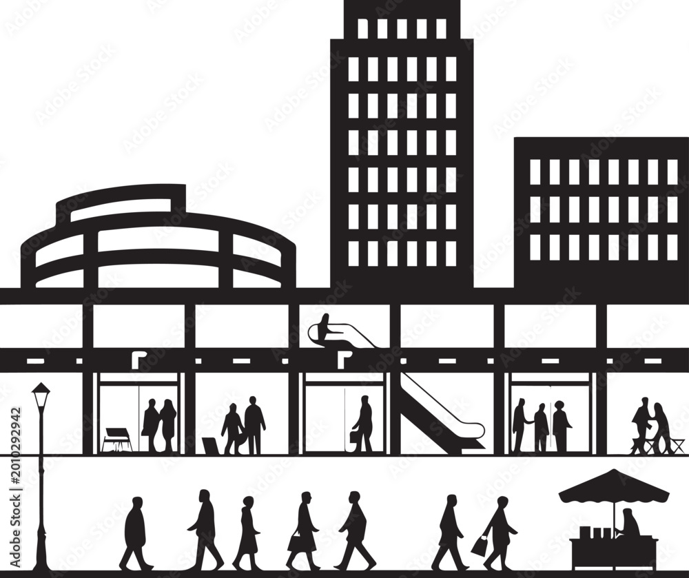 Obraz premium Silhouette of city life with people walking and buildings Vector