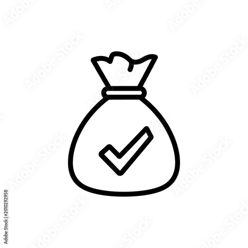 Money Bag With Checkmark Icon Black Outline Vector Illustration Isolated White Background