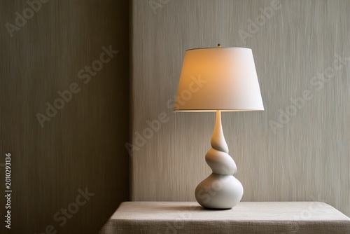 Elegant sculptural table lamp on textured surface with warm ambient lighting