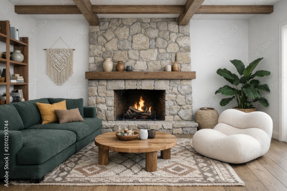 Obraz premium Cozy livingroom with stone fireplace and modern decor. Ai generative