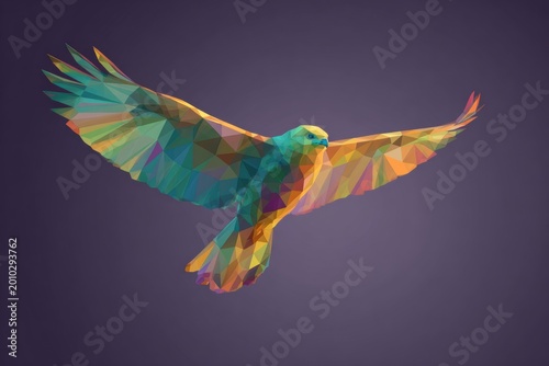 Geometric low-poly bird in flight on dark purple background