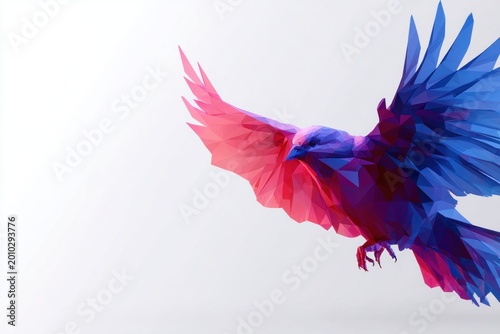 Low poly bird with geometric facets and outstretched wings in flight