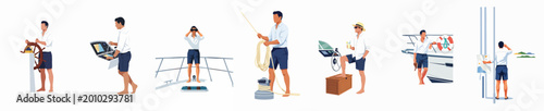 Photos Set of flat vector illustrations featuring a man performing various activities on a luxury yacht, including navigating, steering, and relaxing
