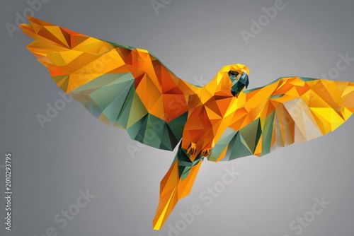 Low-poly bird in flight with geometric shapes