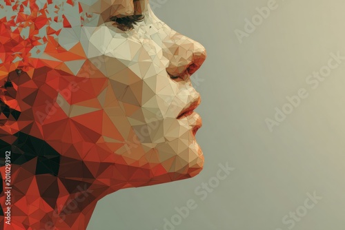 Low-poly human face in profile with geometric fragmentation