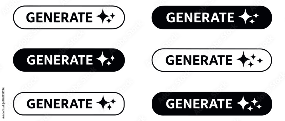 Fototapeta premium Modern flat design and line art button set featuring generate text and sparkle icons for UI design and creative applications