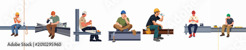 фотографія Collection of diverse construction workers in hard hats sitting on steel beams during their lunch break, eating and drinking, isolated on white background