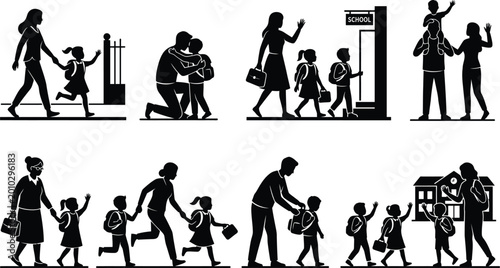 Fotografía Parents and kids walking to school illustration isolated on white background, Ve