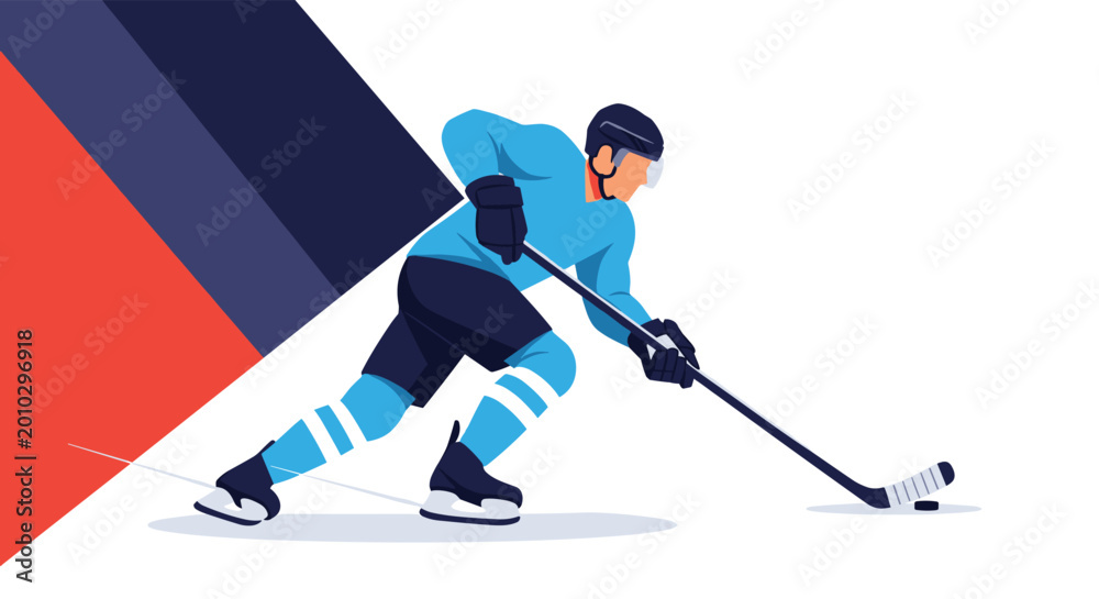 Fototapeta premium Professional ice hockey player in a blue jersey and helmet skating fast with a stick and puck on the ice.