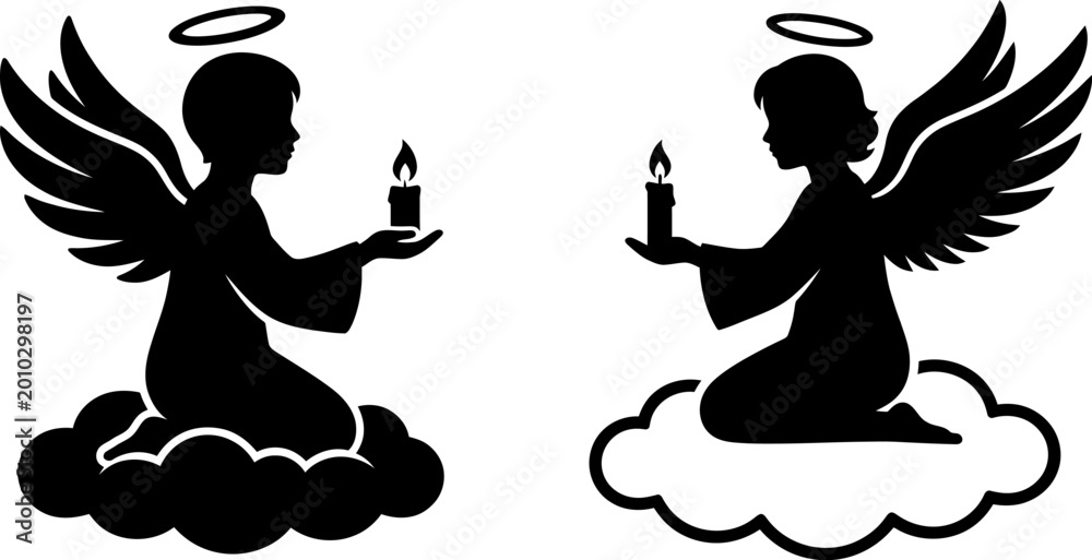 Obraz premium Heavenly Silhouettes Cherubic Figures with Candles on Clouds, Spiritual Design Elements