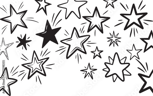Hand-drawn stars explosion, doodle style, black and white illustration