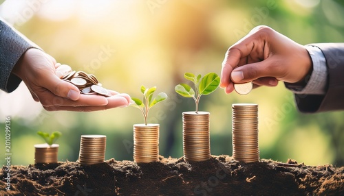 investing for financial independence mutual funds or growth stocks the concept of saving or making profits the hands of entrepreneurs putting money coins on the growing seeds of money