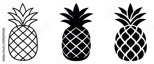 Graphic pineapple icon set featuring outline and silhouette styles for tropical food and design