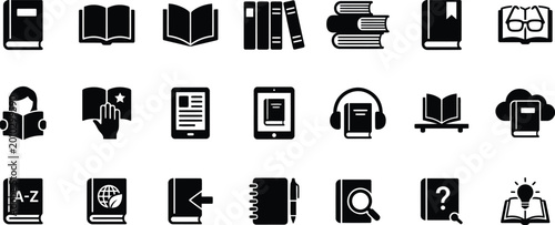 Tableau sur toile Comprehensive reading audiobook icons set diverse book e reader and listening sy