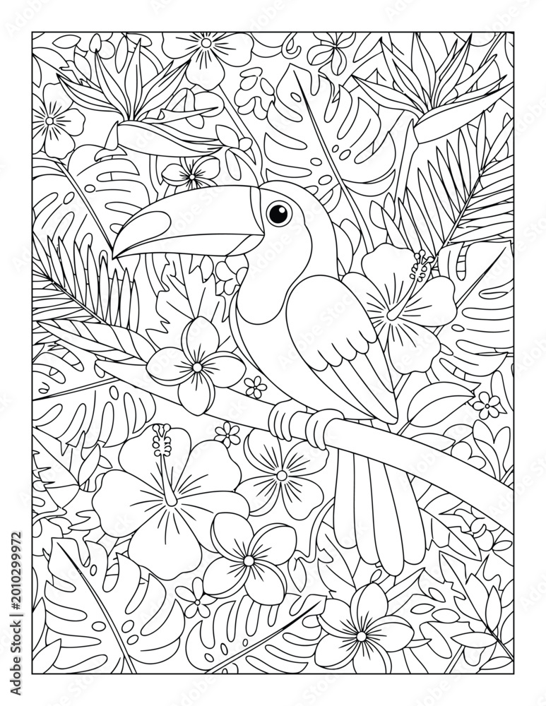 Fototapeta premium Toucan coloring page perched on branch with tropical leaves and flowers detailed nature illustration