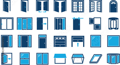 Картината върху платно Modern door and window icons set, architectural entrance and glass window symbol