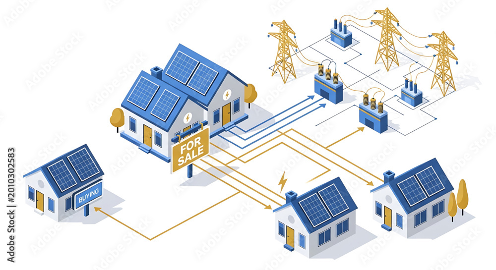 Obraz premium Smart grid concept with houses equipped with solar panels and power lines