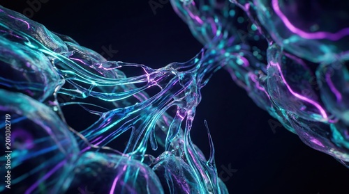 Futuristic anti-aging serum repairing damaged skin cells at molecular level with iridescent cyan and purple fluid dynamics in 3D render