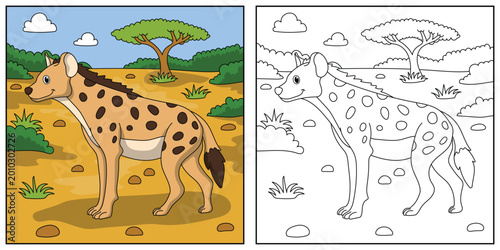 Fotografia Black and white cartoon hyena character (vector illustration), coloring book for children