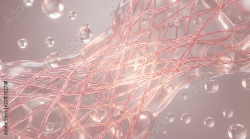 Glowing pink and rose-gold elastin and collagen fiber network restoring skin elasticity with hydrating bubbles in 3D illustration
