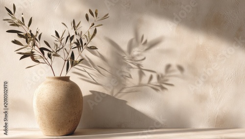 Minimalist Beige Vase with Olive Branches and Shadow Play.