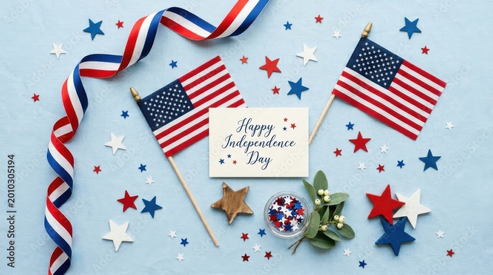 Obraz premium Independence Day Flat Lay with US Flags and Festive Decor