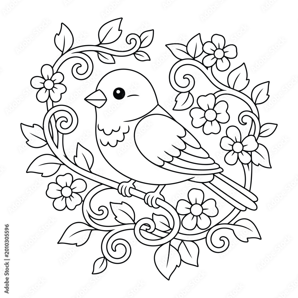 Obraz premium Bird perched on a swirling vine with small blossoms creating a charming and simple floral coloring page