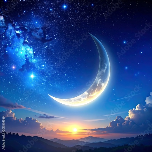 Large Glowing Crescent Moon Fantasy Digital Illustration Blue And Orange Starry Night Over Mountain Landscape At Sunrise