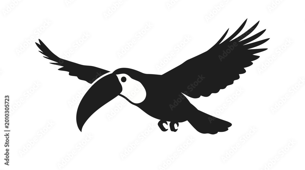 Fototapeta premium Silhouette of a Toucan Bird in Flight with Wings Spread Wide