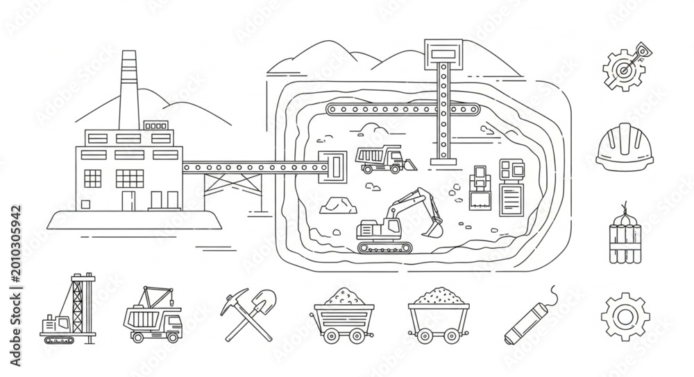 Fototapeta premium Industrial mining complex with heavy machinery and equipment illustrations.