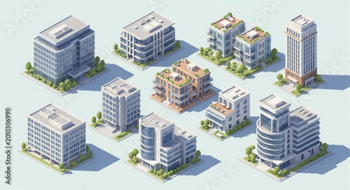Schilderij op canvas Collection of modern isometric apartment buildings and skyscrapers