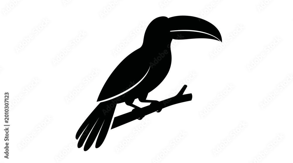 Fototapeta premium Stylized black toucan silhouette on a branch, a simple yet striking graphic icon of tropical wildlife