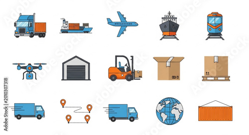 Foto Collection of logistics and transportation icons and symbols.