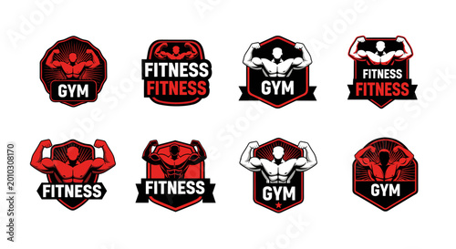Tableau sur toile A powerful red muscular arm and torso silhouette within a shield emblem, ideal for gym branding and athletic motivation