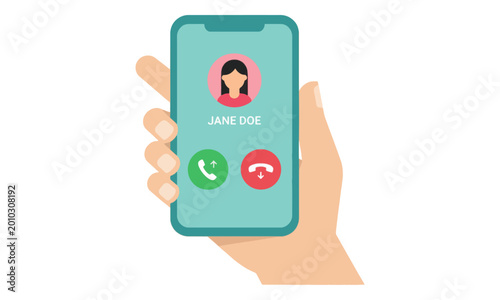 Tablou pe pânză Smartphone incoming call screen held by hand vector illustration