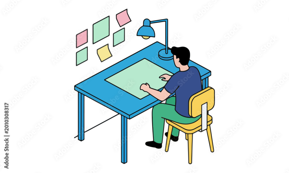 Fototapeta premium Man Working at Desk with Sticky Notes Isometric Illustration
