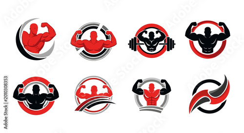 Powerful male bodybuilder silhouette posing in a red circle, ideal for fitness branding and sports motivation marketing.