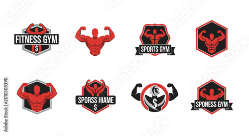 Powerful red male figure flexing biceps inside a hexagonal frame, ideal for fitness branding and motivational gym marketing.