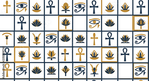 Seamless pattern with ancient egyptian symbols including ankh, eye of horus, and lotus flowers