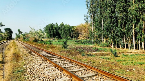 rustic abandoned railway track winding through lush green countryside in golden sunlight