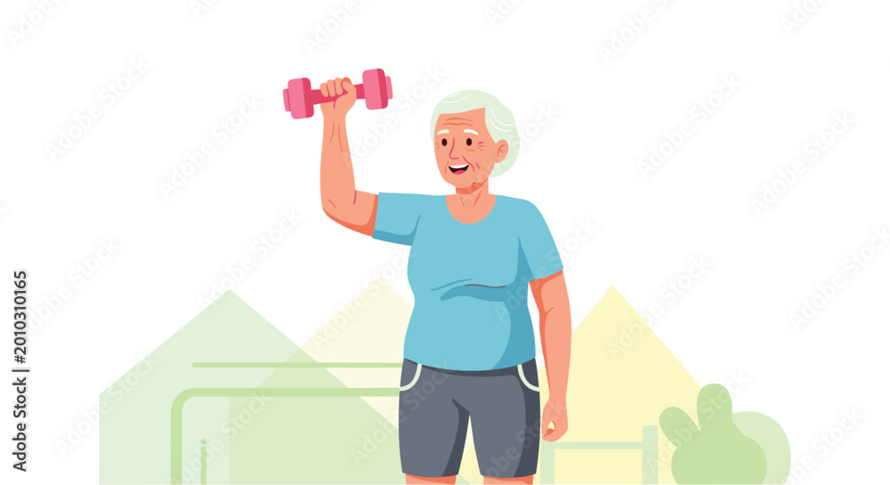 Naklejka premium Happy elderly woman exercising with dumbbell senior fitness concept, Generative AI.