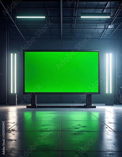 Large Horizontal Chroma Key Green Screen Display In A Dark Industrial Studio Setting With Neon Tube Lighting And Glossy Floor Reflections
