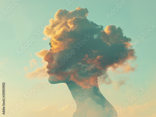 Surreal double exposure of female profile with glowing cloudscape