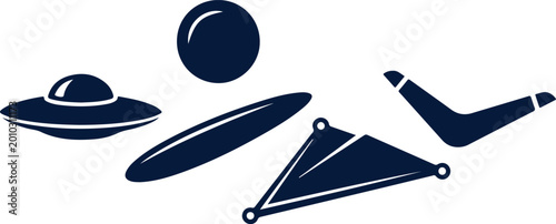 Set of futuristic objects and shapes isolated on transparent background simple icons for design purpose.